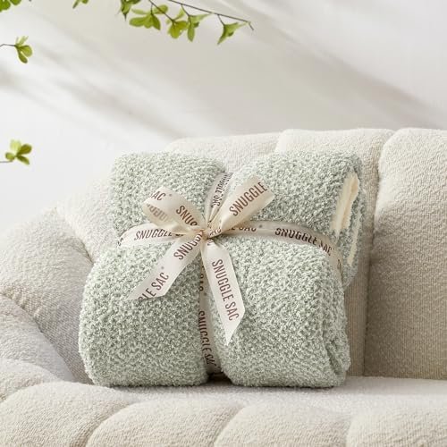 Snuggle Sac Heather Sage Green Throw Blanket for Couch, Reversible Super Soft Knitted Blankets Warm Cozy Fuzzy Throws for Sofa, Bed, Camping, Sage Green, 50x60 inches - Image 4