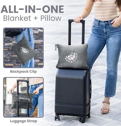 Resty Travel Blanket - Compact Airplane Blanket with Bag - Small and Lightweight Traveling Blanket & Pillow - Portable Blankets with Carabiner for Easy Transport - Plane Train Car (Deep Gray) - Image 3