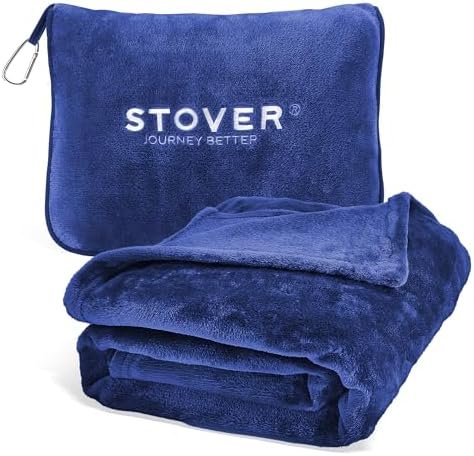 STOVER 2-in-1 Combo Airplane Travel Blanket & Pillow Bag- Lightweight, Compact, Packable, Warm Premium Fleece Set for Long Flights- w/Luggage Sleeve & Backpack Clip- for Men, Women & Families (Blue)