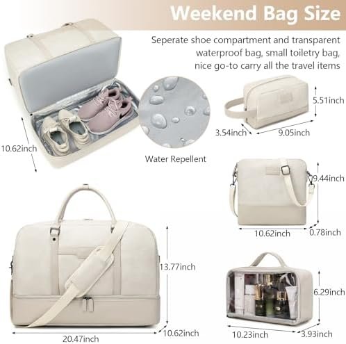 Wogarl 4PCS Leather Weekender Bag for Women Men Large Overnight Bag Travel Duffel Bag with Shoe Compartment Toiletry Satchel Bag Carry On Bag Fit 21" Laptop(White) - Image 6
