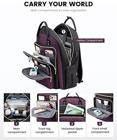 LOVEVOOK Laptop Backpack Purse for Women, 15.6" Laptop Bag for Travel with USB Port, Water Resistant Lightweight Daypacks for College Work Business, Nurse Teacher Computer Bags, Purple Black - Image 3