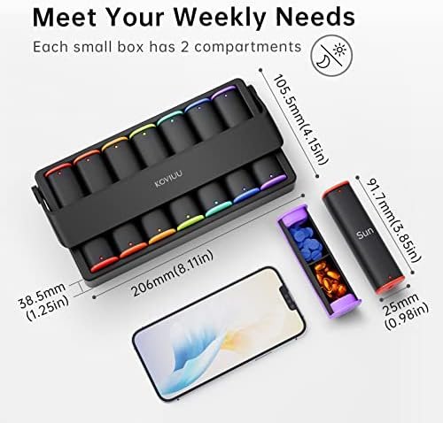 Weekly Pill Organizer 2 Times a Day, KOVIUU Large Travel Pill Box 7 Day, Am Pm Twice Daily Pill Case with Rotatable Handle, Week Pill Holder Container for Vitamin Medicine Supplement Fish Oil, Black - Image 2