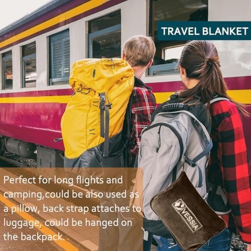 Vessia Travel Blanket for Airplane, Train and Car, Warm and Soft Travel Blanket in Bag for Adults and Kids, Portable Compact Long Flight Blanket with Luggage Sleeve, Backpack Clip(Brown) - Image 3