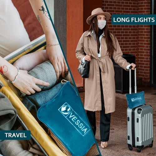 Vessia Travel Blanket for Airplane, Train and Car, Warm and Soft Travel Blanket in Bag for Adults and Kids, Portable Compact Long Flight Blanket with Luggage Sleeve, Backpack Clip(Lake Blue) - Image 2