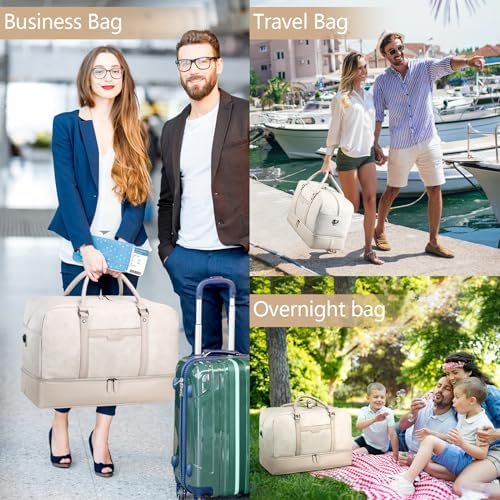 Wogarl 4PCS Leather Weekender Bag for Women Men Large Overnight Bag Travel Duffel Bag with Shoe Compartment Toiletry Satchel Bag Carry On Bag Fit 21" Laptop(White) - Image 7