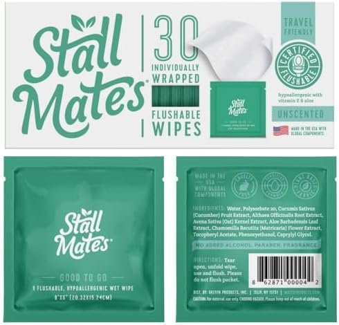 Stall Mates Wipes - Flushable Wipes | Individually Wrapped | Travel Friendly | Unscented with Vitamin-E & Aloe | (30 on-the-go singles)
