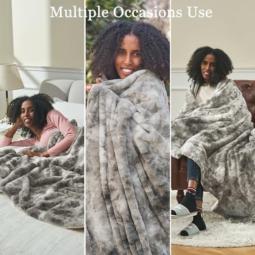 Krifey Faux Fur Throw Blanket, Super Soft Cozy Blanket, Luxury Fluffy Blanket Warm Plush Bed Throw Marbled Gray 50" x 60" - Image 6
