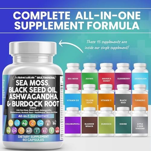 Sea Moss 3000mg Black Seed Oil 2000mg Ashwagandha 1000mg Turmeric 1000mg Bladderwrack 1000mg Burdock 1000mg & Vitamin C & D3 with Elderberry Manuka Dandelion Yellow Dock Iodine Chlorophyll ACV - Image 2