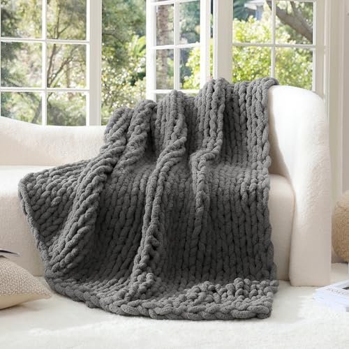 WRENSONGE Drak Grey Chunky Knit Blanket Throw, 50"x60" Large Chunky Knit Throw Blanket for Couch, Bed, 100% Hand Made Chenille Throw Blanket, Soft Fluffy Cable Knit Blanket Warm Machine Washable
