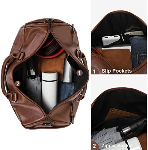 Vegan Leather Duffle Bag, LXY Travel Duffle Weekender Bag with Shoe Compartment, Duffel Overnight Gym Bags for Women Men Brown - Image 3