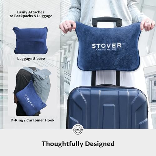 STOVER 2-in-1 Combo Airplane Travel Blanket & Pillow Bag- Lightweight, Compact, Packable, Warm Premium Fleece Set for Long Flights- w/Luggage Sleeve & Backpack Clip- for Men, Women & Families (Blue) - Image 3
