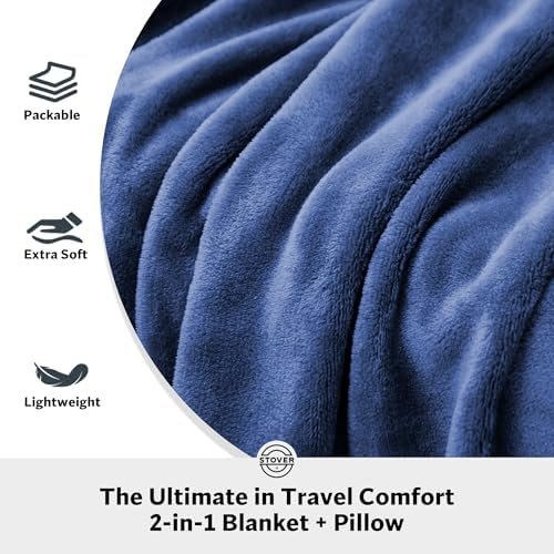 STOVER 2-in-1 Combo Airplane Travel Blanket & Pillow Bag- Lightweight, Compact, Packable, Warm Premium Fleece Set for Long Flights- w/Luggage Sleeve & Backpack Clip- for Men, Women & Families (Blue) - Image 2