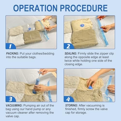 16 Pack Vacuum Storage Bags with Hand Pump, 4 Jumbo + 4 Large + 4 Medium + 4 Small 80% Space Saver Vacuum Seal Bags for Clothing, Vacuum Compression Bags Travel Lugggage, Blankets, Comforters - Image 7