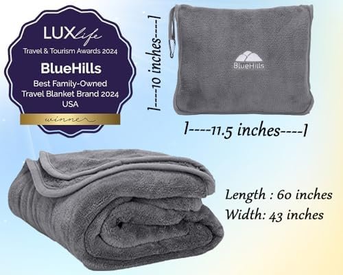 BlueHills Premium Soft Travel Blanket Pillow Airplane Flight Blanket Throw Bag Pillowcase Compact Large Blanket 2 in 1 Combo Warm Traveling Plane Essentials Portable Gifts Lightweight Grey Gray T007 - Image 3
