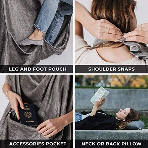 Zero Grid Premium Lightweight Wearable Super Soft Travel Blanket with Neck Snaps, Cozy Footpockets and Zipper Pouch, Compact Airplane with Luggage Strap Travel Blanket and Pillow Set - Image 4