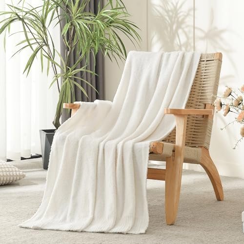 JOOJA Knit Throw Blanket Super Soft Warm Blanket for Couch Lightweight Fluffy Blanket for Bed Sofa 60x80 Inches Cream - Image 4