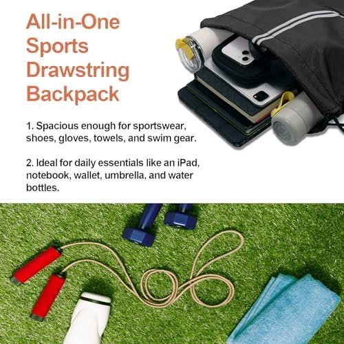Drawstring Backpack Sports Bag Gym Sackpack Draw String Back Bag for Men Women (Black) - Image 2