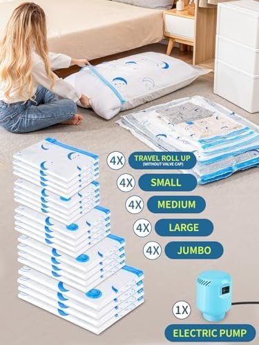 Vacuum Storage Bags with Electric Air Pump, 20 Pack (4 Jumbo, 4 Large, 4 Medium, 4 Small, 4 Roll Up Bags) Space Saving Bag for Clothes, Mattress, Blanket, Duvets, Pillows, Comforters,Travel - Image 4
