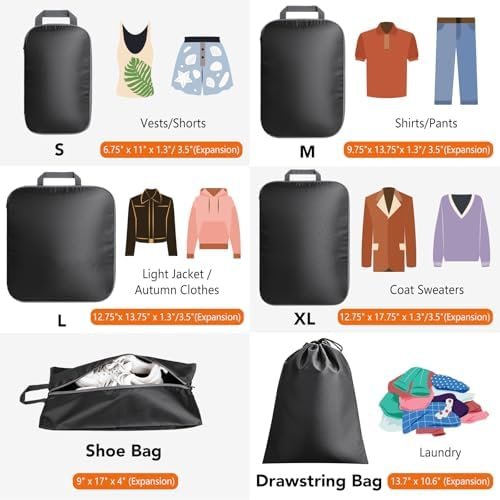 Packing Cubes for Travel, 6 Set Lightweight Compression Travel Bags - Luggage Suitcase Organizer Travel Essentials, Expandable Packing Cubes Organizer for Carry on Suitcases,Black - Image 5