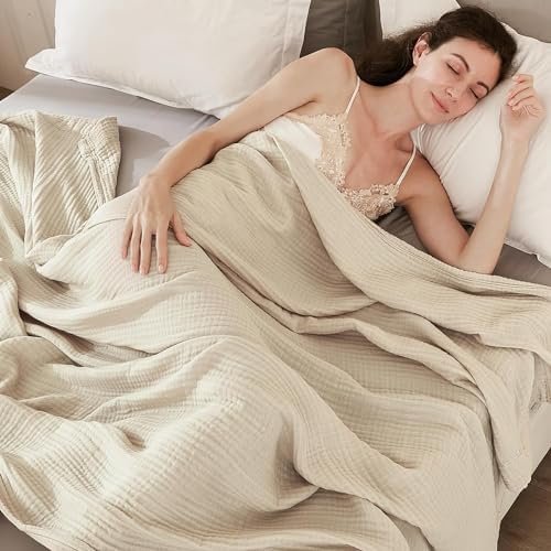 EMME Cotton Throw Blanket Large 50"x70" 100% Muslin for Couch Breathable Gauze All Season Soft and Lightweight Pre-Washed (Light Tan) - Image 2