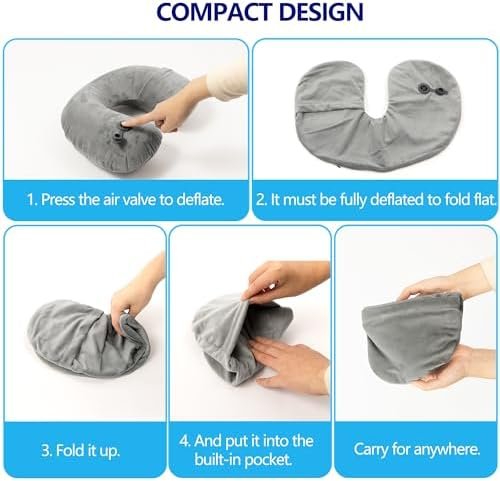 Travel Blanket and Pillow Set - Inflatable Travel Neck Pillow with Washable Soft Cover, Premium Soft Airplane Blanket with Built-in Bag, Zippered Pouch, and Hand Luggage Strap, 70" x 40" (Grey) - Image 7