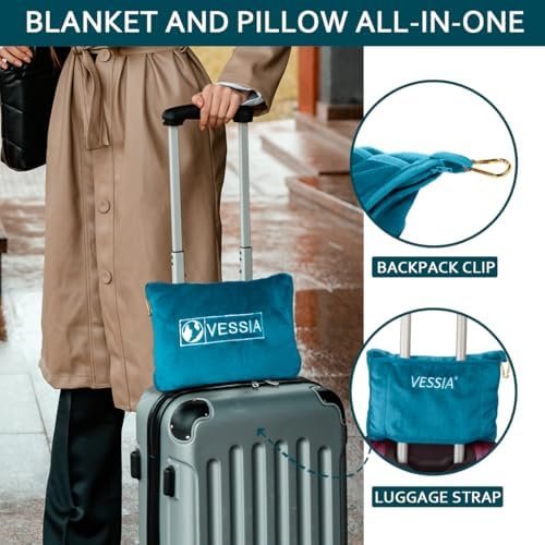 Vessia Travel Blanket for Airplane, Train and Car, Warm and Soft Travel Blanket in Bag for Adults and Kids, Portable Compact Long Flight Blanket with Luggage Sleeve, Backpack Clip(Lake Blue) - Image 4