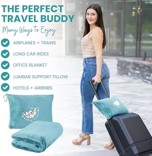 Resty Travel Blanket - Compact Airplane Blanket with Bag - Small and Lightweight Traveling Blanket & Pillow - Portable Blankets with Carabiner for Easy Transport - Plane Train Car (Baby Blue) - Image 2