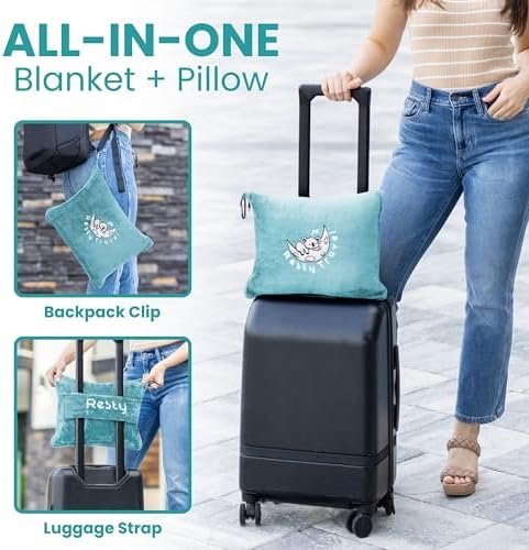 Resty Travel Blanket - Compact Airplane Blanket with Bag - Small and Lightweight Traveling Blanket & Pillow - Portable Blankets with Carabiner for Easy Transport - Plane Train Car (Baby Blue) - Image 3