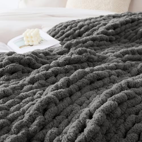 WRENSONGE Drak Grey Chunky Knit Blanket Throw, 50"x60" Large Chunky Knit Throw Blanket for Couch, Bed, 100% Hand Made Chenille Throw Blanket, Soft Fluffy Cable Knit Blanket Warm Machine Washable - Image 3