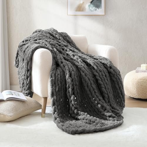 WRENSONGE Drak Grey Chunky Knit Blanket Throw, 50"x60" Large Chunky Knit Throw Blanket for Couch, Bed, 100% Hand Made Chenille Throw Blanket, Soft Fluffy Cable Knit Blanket Warm Machine Washable - Image 2