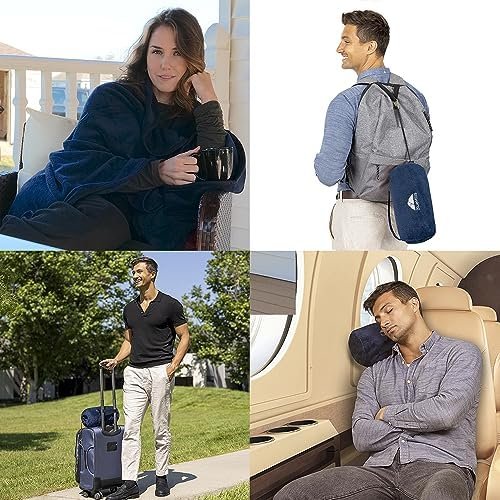 BlueHills Travel Blanket Pillow Rolled Premium Soft Plush Airplane Throw Traveling Essential Gift Compact in a Bag 70 X 48 inches Long Plane Flight Portable Lightweight Navy Blue R04 - Image 2
