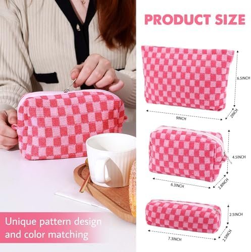 3 Pcs Makeup Bag Cosmetic Bag Set for Girls Women Checkered Travel Organizer Bathroom Toiletry Pouch Large Capacity Storage Bag (Rose-Red) - Image 3