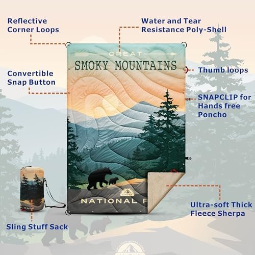 Puffy Sherpa Outdoor Camping Blanket for Traveling, Picnics, Beach, Concert, Car,Stadium, Sporting Events - Wearable Warm Waterproof - 55 X 78 (Great Smoky Mountains NP) - Image 3