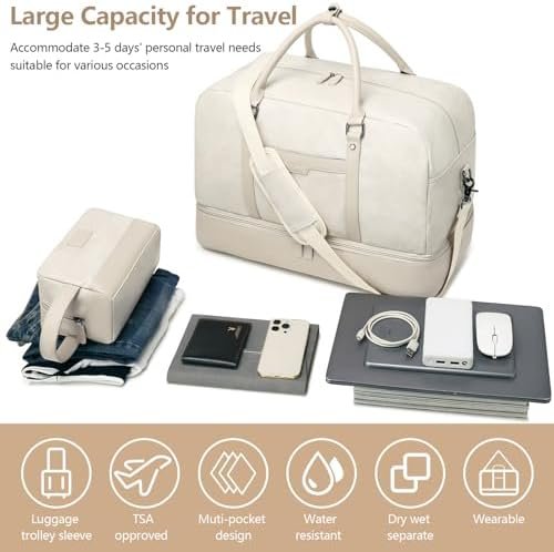 Wogarl 4PCS Leather Weekender Bag for Women Men Large Overnight Bag Travel Duffel Bag with Shoe Compartment Toiletry Satchel Bag Carry On Bag Fit 21" Laptop(White) - Image 3