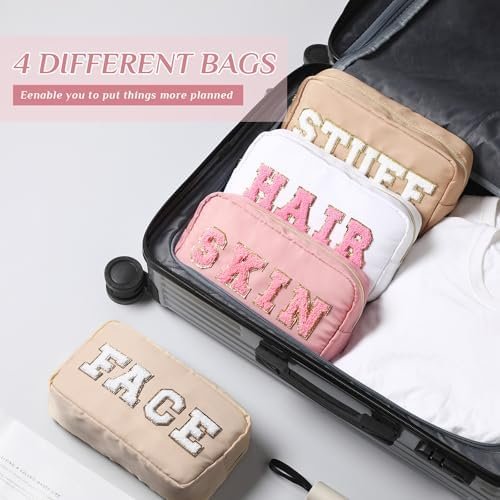 Remerry 4 Pcs Nylon Cosmetic Bag Travel Organizer Chenille Letter Makeup Pouch Zipper Preppy Waterproof Hair Bag Toiletry Pouch for Women Girls(Light Brown, Beige, Light Pink, White) - Image 4