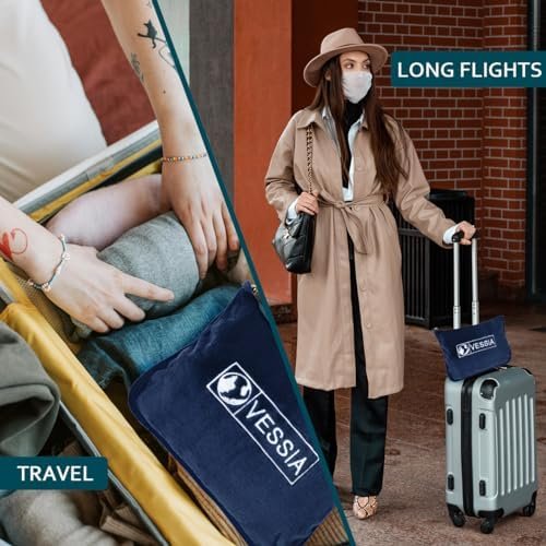 Vessia Travel Blanket for Airplane, Train and Car, Warm and Soft Travel Blanket in Bag for Adults and Kids, Portable Compact Long Flight Blanket with Luggage Sleeve, Backpack Clip(Navy) - Image 2