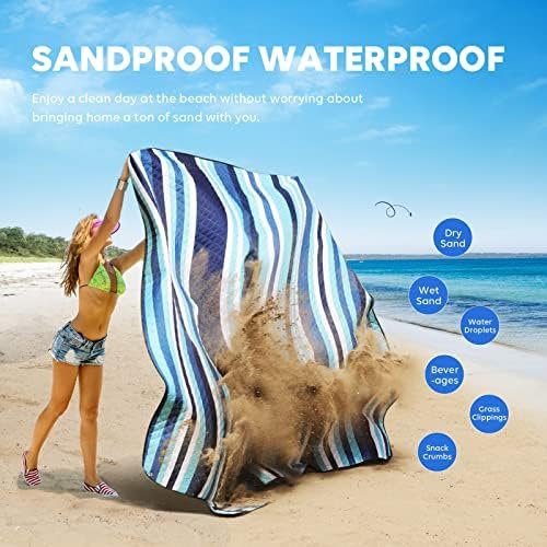 ZAZE Beach Blanket Picnic Blankets with Stakes, Thick 3-Layer 80*80 Oversized Waterproof Sandproof Compact Outdoor Mat, Big Extra Large Foldable Camping Park Vacation Travel Accessories(Blue Stripe) - Image 4