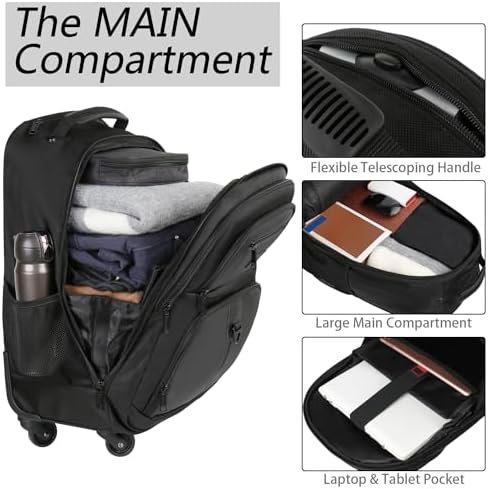 MATEIN Rolling Backpack with 4 Wheels, 17 inch Roller Travel Laptop Backpack for Women Men, Large Wheeled Backpacks Water Resistant Business Carry on Luggage, Airline Approved Suitcase Bag, Black - Image 3