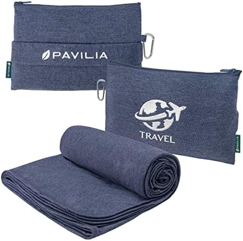 PAVILIA Soft Compact Travel Blanket and Pillow, Foldable Airplane Blanket in Bag, Lightweight Portable Flight Blanket Set with Luggage Strap, Camping Plane Car Home Office Gift Accessories, Navy Blue