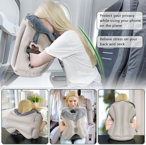 Inflatable Travel Pillow,Airplane Pillow Inflatable Travel Pillows for Airplanes Comfortable Support Shoulder and Neck (with Face Mask, Eye Mask,Earplugs, Portable Bag)for Plane Travel Office Home - Image 3