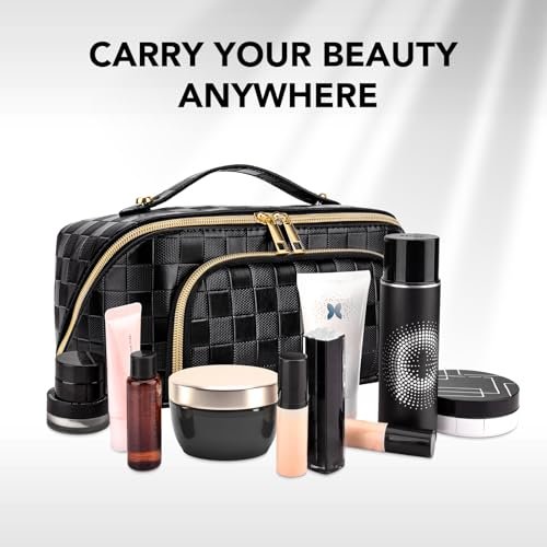stona Travel Makeup Bag for Women, Large Capacity PU Leather Waterproof Checkered Cosmetic Bags, Portable Pouch Open Flat Toiletry Bag, Make up Organizer with Divider and Handle, Black - Image 7