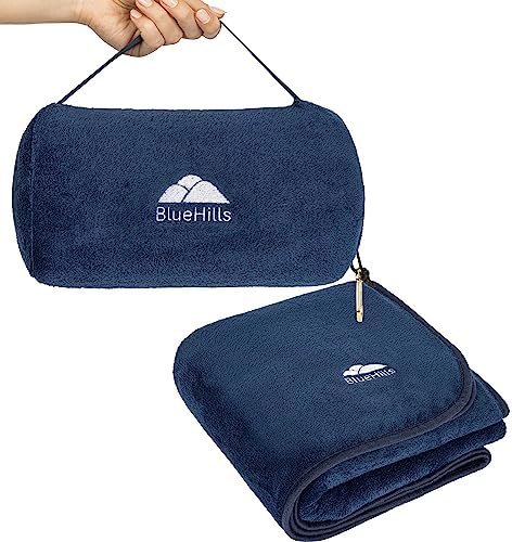 BlueHills Travel Blanket Pillow Rolled Premium Soft Plush Airplane Throw Traveling Essential Gift Compact in a Bag 70 X 48 inches Long Plane Flight Portable Lightweight Navy Blue R04