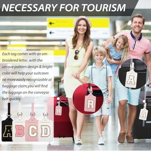 Personalized Initial Luggage Tags for Suitcases, Leather Chenille Letter Cute Luggage Tags with Privacy Name Card, Embroidered Travel Bag Backpack Tags Gifts for Women Kids Girls Teens(Pink-A) - Image 5