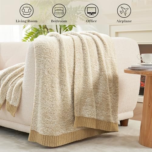 Amélie Home Super Soft Faux Fur Feather Yarn Throw Blankets for Couch, Lightweight Reversible Knit Throw Blanket for Sofa Chair Bed, 50"x 60", Heather Beige - Image 3