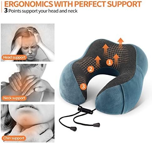 Travel Pillow 100% Memory Foam Pillow, Neck Pillow for Airplane, Neck & Head Support Pillow for Sleeping Rest & Car, Travel Pillows Kit with Storage Bag, Sleep Mask and Earplugs Blue - Image 3