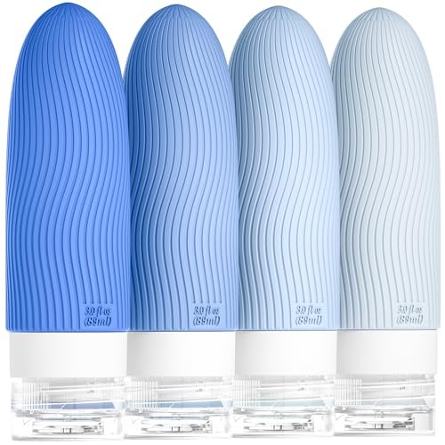 Morfone Silicone Travel Bottles for Toiletries, TSA Approved Travel Size Containers 3oz, Leakproof BPA Free Travel Accessories Kits for Shampoo Conditioner Lotion Liquids 4 Set, Blue