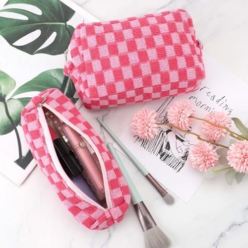 3 Pcs Makeup Bag Cosmetic Bag Set for Girls Women Checkered Travel Organizer Bathroom Toiletry Pouch Large Capacity Storage Bag (Rose-Red) - Image 6