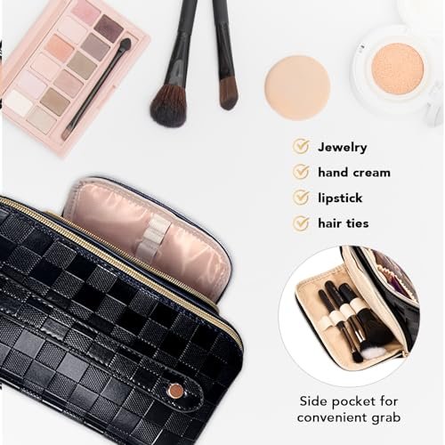 stona Travel Makeup Bag for Women, Large Capacity PU Leather Waterproof Checkered Cosmetic Bags, Portable Pouch Open Flat Toiletry Bag, Make up Organizer with Divider and Handle, Black - Image 5