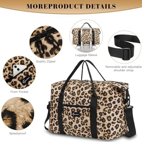 Duffle Bag for Travel Foldable Leopard Print Carry on Travel Bag, Small Medium Weekender Overnight Bags for Women, 40L Waterproof Sport Gym Bag for Men with Computer Compartment (Leopard print) - Image 3