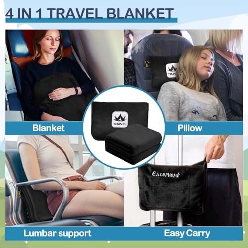 Excervent Travel Blanket 2 in 1 Soft Flannel Airplane Throw Blankets in Soft Bag Pillow case with Hand Luggage Belt, 65x40inch, Black - Image 3